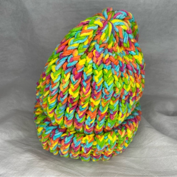 Handmade Crochet Terry Towel Strata Striped Rainbow Beanie Hat Super Soft OSFM - Picture 4 of 10